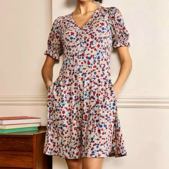 Boden V-Neck Jersey Dress Women’s Size 16 Riviera Blue Floral Stretch Knit Retro - Picture 1 of 12